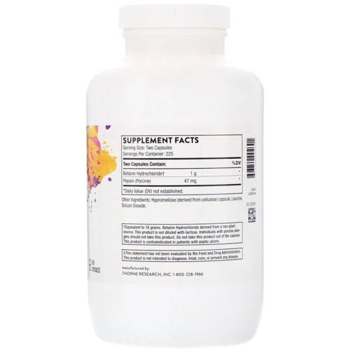 Thorne Research Betaine HCL and Pepsin Бетаїну гідрохлорид і пепсин 450 капсул: Форма випуску капсули