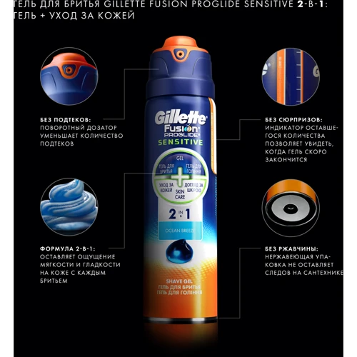 Gillette Fusion ProGlide Sensitive Active Sport 170 ml Гель для бритья: Объем, мл 170