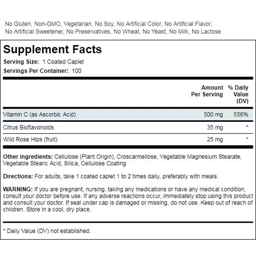 Piping Rock Vitamin C 500 mg with Bioflavonoids & Rose Hips 100 Coated Caplets Витамин С с биофлавоноидами и шиповником: Тип Витамин C