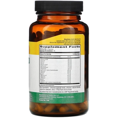 Country Life Max-Amino Caps Макс Амінокислоти з вітаміном В6 180 капсул (спорт): Форма випуску капсули