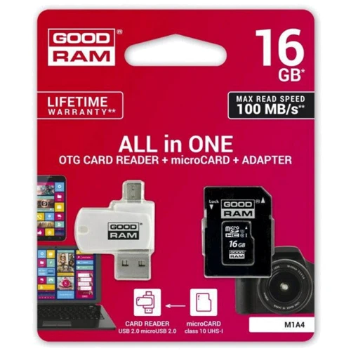 Карта памяти GOODRAM 16GB microSDHC Class 10 USH-I U1 + SD adapter + USB reader (M1A4-0160R12): Тип карты MicroSDHC