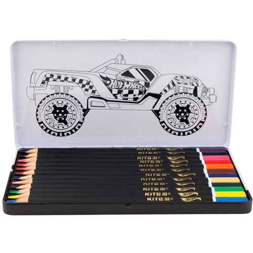 Олівці кольорові тригранні Kite Hot Wheels HW19-058, металевий пенал, 12 шт.: Тип кольорові