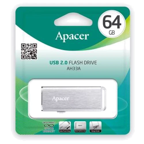USB-флешка Apacer AH33A 64GB USB 2.0 Metal Silver (AP64GAH33AS-1): Стандарт USB USB 2.0