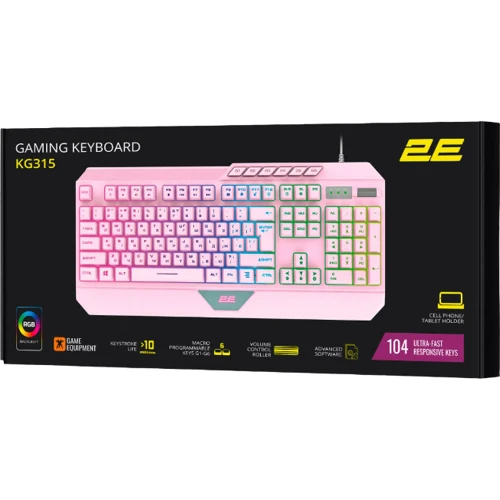 Клавиатура 2E Gaming KG315 RGB USB UA Pink (2E-KG315UPK): Тип клавиш мембранный