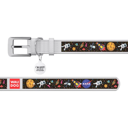 Ошейник WAUDOG Design с рисунком "NASA" 35 мм 46-59 см с QR паспортом белый (0035-0047-15): Цвет белый