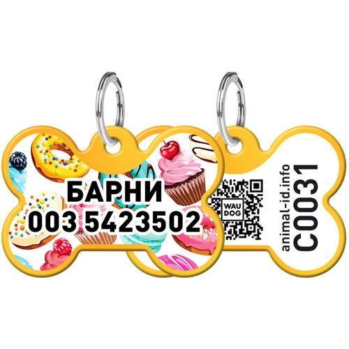 Адреснік WAUDOG Smart ID з QR-паспортом, малюнок "Пампушки", кістка, 31х21 мм, золото (0631-0070-17-gr)