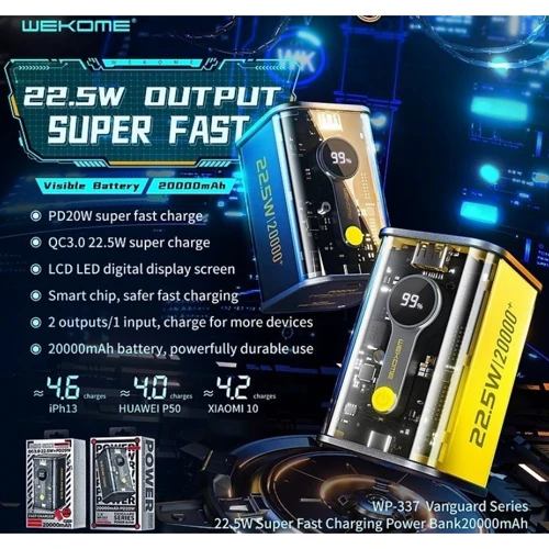 Внешний аккумулятор WK Wekome Power Bank 20000mAh Vanguard Fast Charging PD20W+22.5W Yellow (WP-337): Количество USB 2