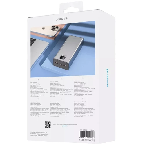 Зовнішній акумулятор Proove Power Bank 30000mAh Guardian 22.5W Metal Gray (PBG322210004): Вбудований кабель немає