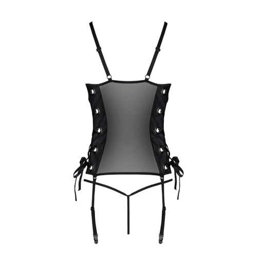 Сетчатый корсет из эко-кожи, с люверсами и съемными пажами Passion Malwia Corset black 6XL/7XL (стринги в комплекте)