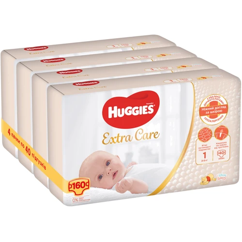 Подгузники Huggies Extra Care Newborn Размер 1 (2-5 кг), 160 шт. (4*40 шт) (5029054229583): Тип Подгузники