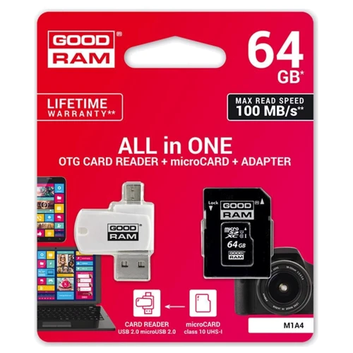 Карта памяти GOODRAM 64GB microSDXC class 10 UHS-I (M1A4-0640R12): Тип карты MicroSDXC