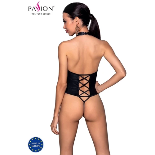 Боди из эко-кожи с имитацией шнуровки и открытым доступом Passion NANCY BODY black, S/M
