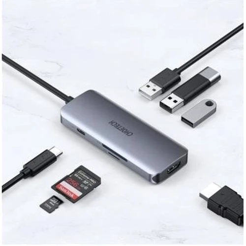 Адаптер Choetech Adapter 7-in-1 USB-C to USB-C+3xUSB3.0+HDMI+SD Black (HUB-M19): Додаткові роз'єми SD+TF Card, HDMI, USB-C
