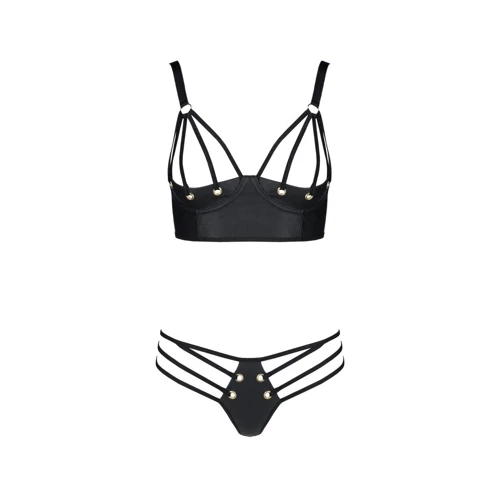 Комплект из эко-кожи Passion Malwia Bikini black L/XL: с люверсами и ремешками, бра и трусики