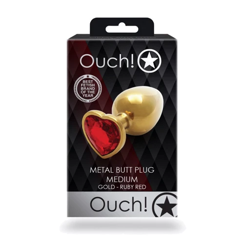 Металлическая анальная пробка Ouch! Heart Gem Gold - Ruby Red, М