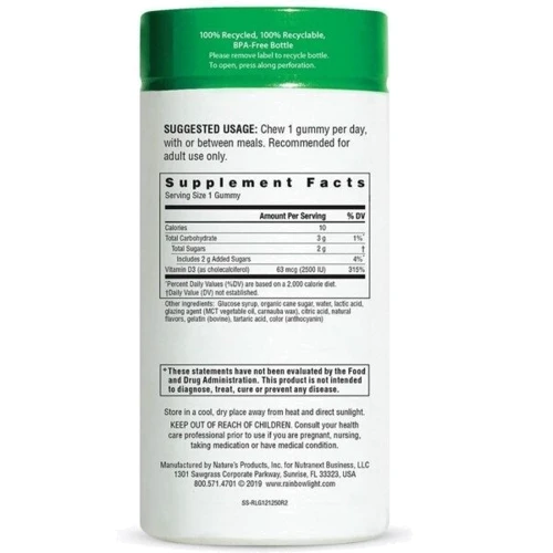 Rainbow Vitamin D3 Light Berry D-Licious 2500 МЕ Витамин Д3 вкус малины 50 желейных конфет: Тип Витамин D