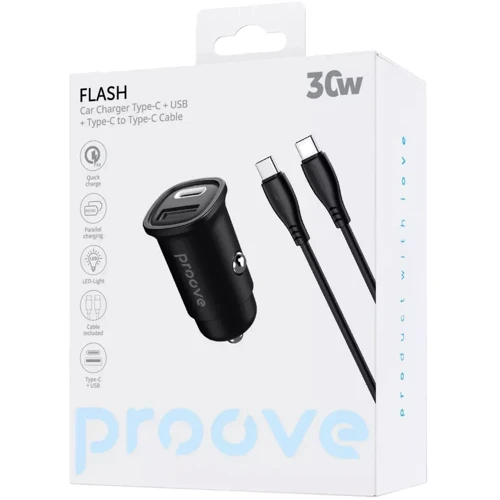 Зарядное устройство Proove Car Charger USB+USB-C Flash with Cable 30W Black (CCFC30111201): Кабель в комплекте USB-C
