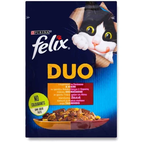 Влажный корм FELIX Fantastic Duo для взрослых кошек кусочки в желе с индейкой и печенью 85 г (7613039841174): Возраст Взрослые