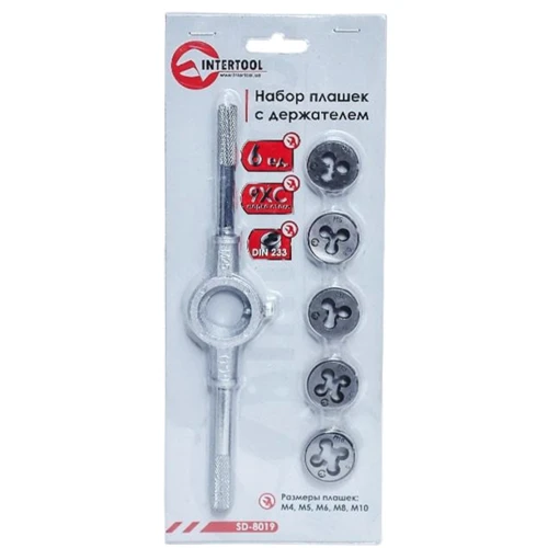 

Набор плашек с держателем 6 ед (M4, M5, M6, M8, M10) Intertool SD-8019