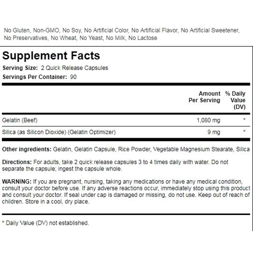 Piping Rock Gelatin (Beef) plus Silicon Optimizer 540 mg 180 Caps Желатин (говяжий) плюс кремний оптимизатор: Тип Желатин