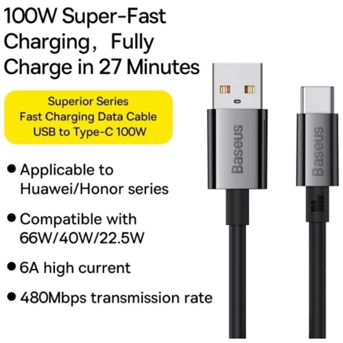 Кабель Baseus USB Cable to USB-C Superior Series Fast Charging Data 100W 1.5m Black (P10320102114-01) фото 3