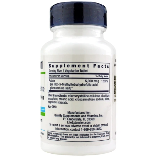 Life Extension High Potency Optimized Folate 5000 mcg 30 Veggie Tabs Фолат оптимизированный: Тип Витамин B