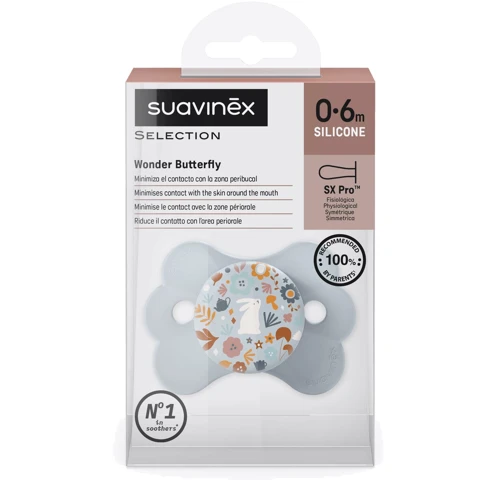 Пустышка физиологическая Suavinex "Wonderland" в форме бабочки 0-6 месяцев голубая с рисунком (308776): Вид пустышки классическая