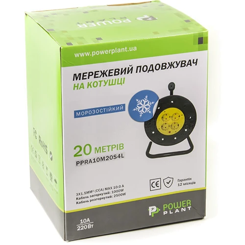 Подовжувач PowerPlant 20м 3x1.5мм 4 розетки морозостійкий (JY-2002/20): Номінальний струм, А 10