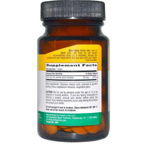 Country Life Zinc Chelated 50 mg 100 Tabs Цинк хелатний: Тип цинк