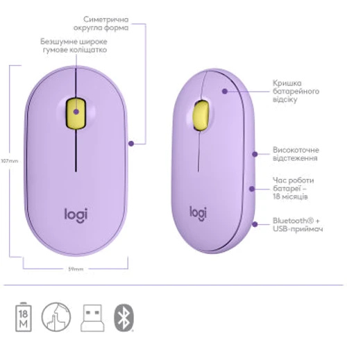 Мышь Logitech Pebble M350 Lavender Lemonade (910-006752): Радиус действия 10 м