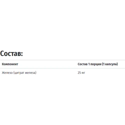 Solaray Iron citrate, 25 mg, 60 Vegetarian Capsules (SOR-46103): Тип Железо