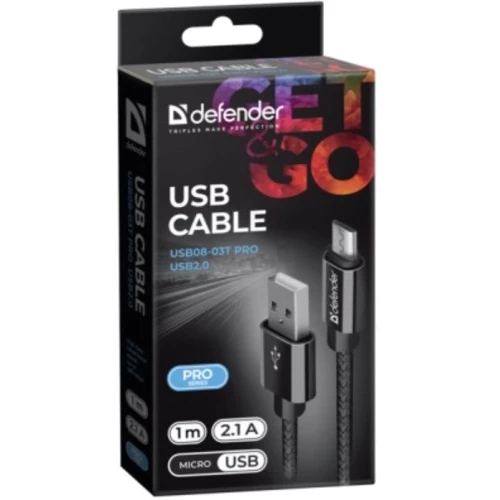Кабель Defender PRO USB Cable to microUSB 1m Black (87802): Длина 1 м