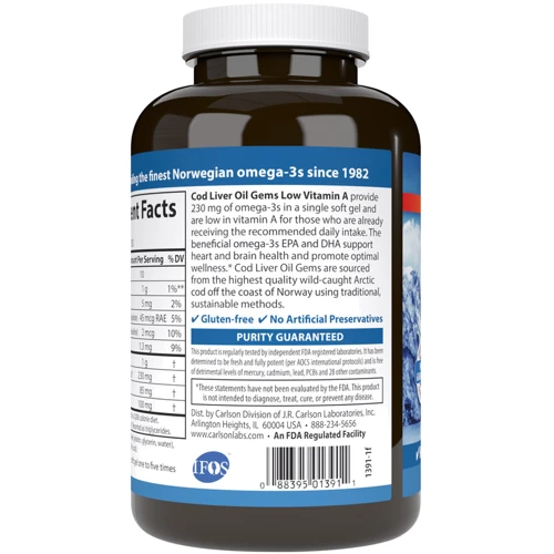Carlson Labs Cod Liver Oil Gems Low Vitamin A тисячі mg 150 Soft Gels Lemon Flavor Риб'ячий жир з печінки тріски з вітаміном А: Тип Омега 3