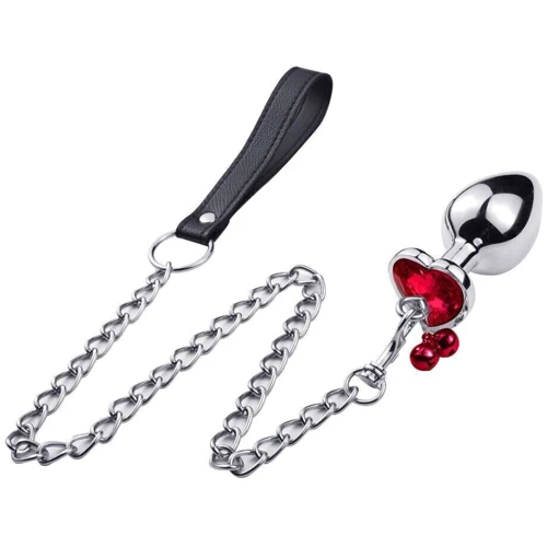 Анальная пробка с кристаллом, колокольчиком и поводком Silver Heart RED (размер L)
