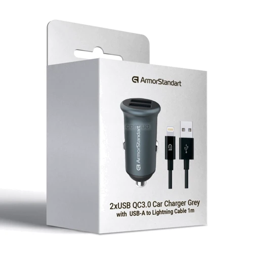 Зарядний пристрій ArmorStandart Car Charger 2xUSB QC3.0 with Lightning Cable Grey (ARM82458): Кількість USB-портів 2
