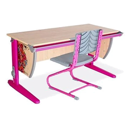 Стіл універсальний трансформований СУТ.15 (120 см * 61 см) + Стілець СУТ.01 (пластик) клен / рожевий з малюнком (квіти): Вік дитини від 6-ти років