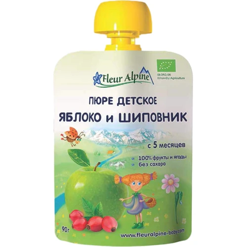 Пюре FLEUR ALPINE Яблоко и шиповник, 90 мл (5024688001055)