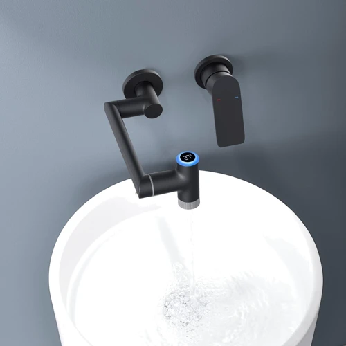 Смеситель настенный Lefton Single-Handle Wall Mount Bathroom Faucet with Temperature Display-BFWM2401 Matt Blac: Длина излива, см 20
