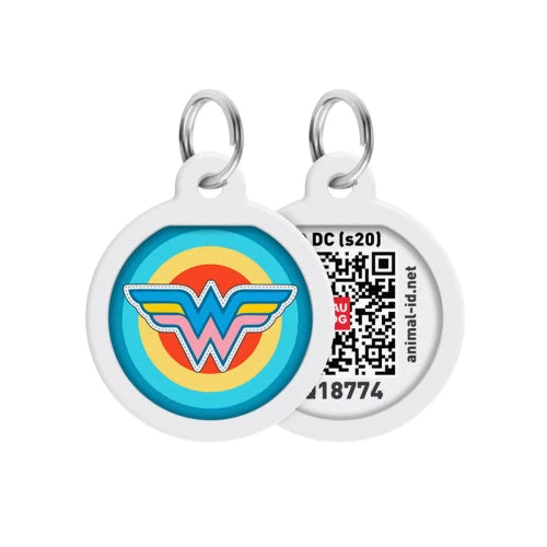 Адресник металлический WAUDOG Smart ID c QR паспортом рисунок Чудо-женщина 1 25 мм, Русско-английский (0625-1012ru-eng(