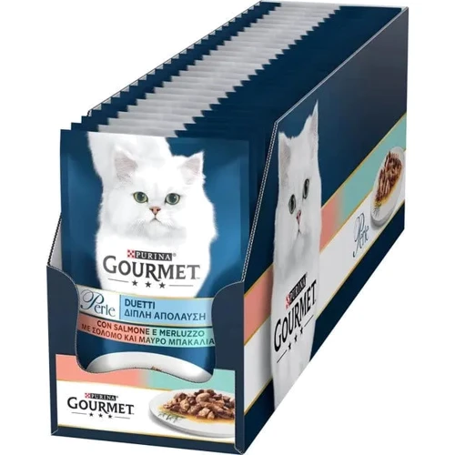 Влажный корм GOURMET Perle Duo для взрослых кошек мини филе в подливке с лососем и сайдой 26x85 г (8445291188228): Класс Супер премиум