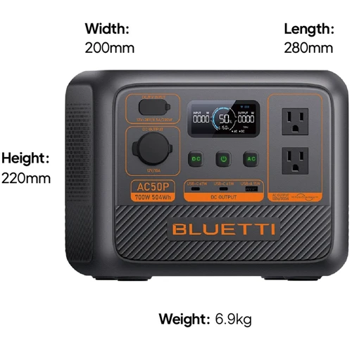 Зарядная станция Bluetti AC50P 504Wh 700W: Выходы потребителей Автоприкуриватель, USB-C, USB-A, 220V