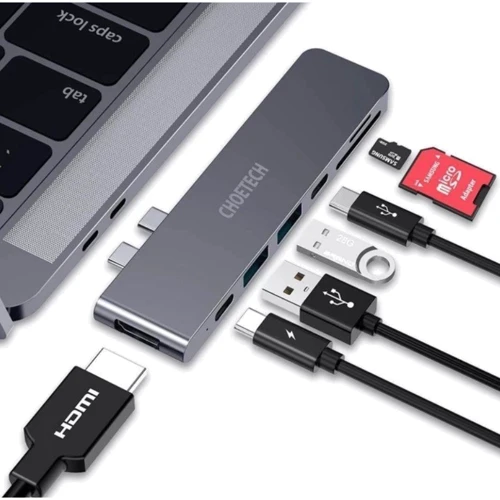 Адаптер Choetech Adapter 7-in-1 Dual USB-C to 2xUSB-C+2xUSB+HDMI+SD Gray (HUB-M14): Колір сірий