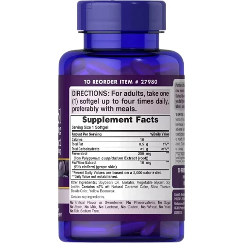 Puritan's Pride Resveratrol 250 mg Ресвератрол 60 гелевых капсул: Вид Неферментные