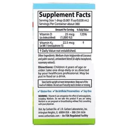 Carlson Labs Kid's Super Daily D3+K2 Вітамін Д3 К2 для дітей 10.16 мл: Тип Витамин D