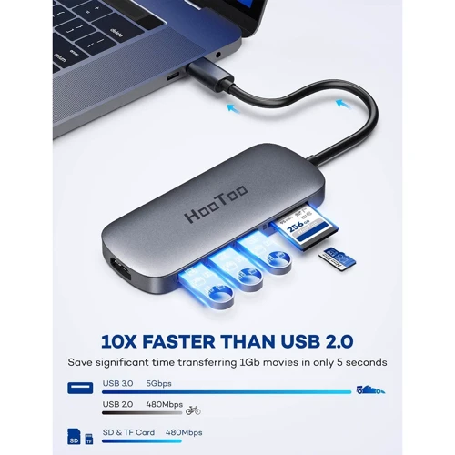 Адаптер HooToo USB-C to USB-C 100W + HDMI + 3xUSB 3.0 + SD Space Grey (HT-UC010): Інтерфейс підключення USB-C
