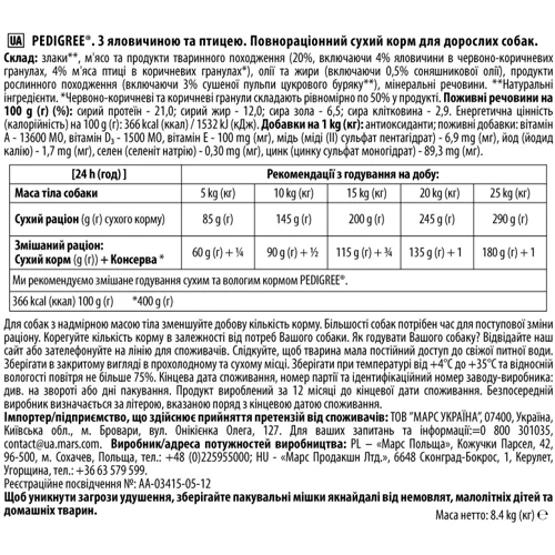 Сухой корм Pedigree для взрослых собак Говядина и птица 8.4кг (5900951240560): Порода Средние