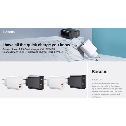 Зарядний пристрій Baseus Wall Charger USB-C and USB PPS Quick Charge 30W White (CCFS-C02): Кабель в комплекті Відсутнє