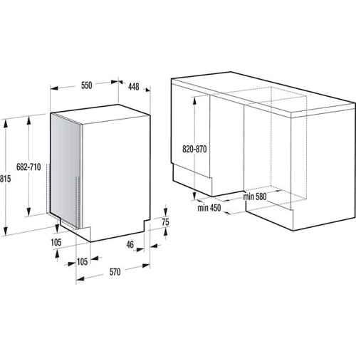 Встраиваемая посудомоечная машина Gorenje GV55111: Размеры 81.5 x 44.8 x 55 см