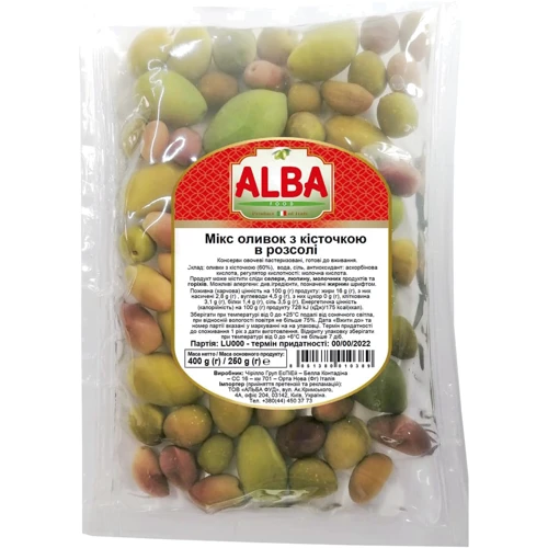 Оливки ALBA FOOD зелені з кісточкою Мікс 400 г (8051380010389)