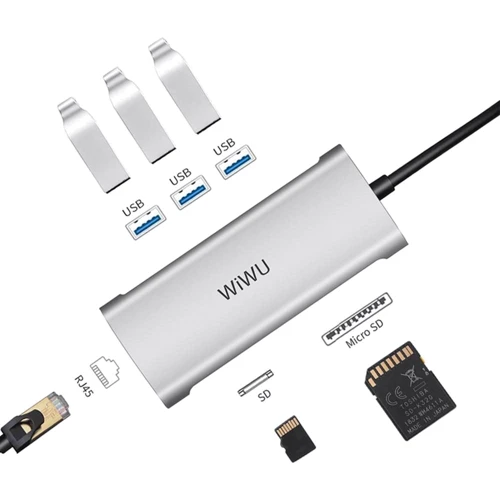 Адаптер WIWU Adapter Alpha 631STR USB-C to USB-C+3xUSB3.0+RJ45+SD+TF Card Grey : Цвет серый
